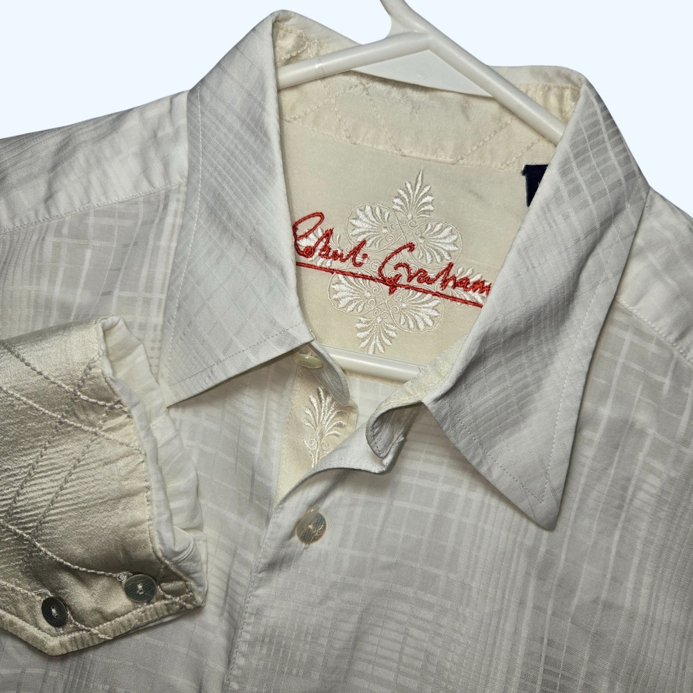 Robert Graham Mens Off White Tonal Plaid Silk Cotton Button Down Shirt Large